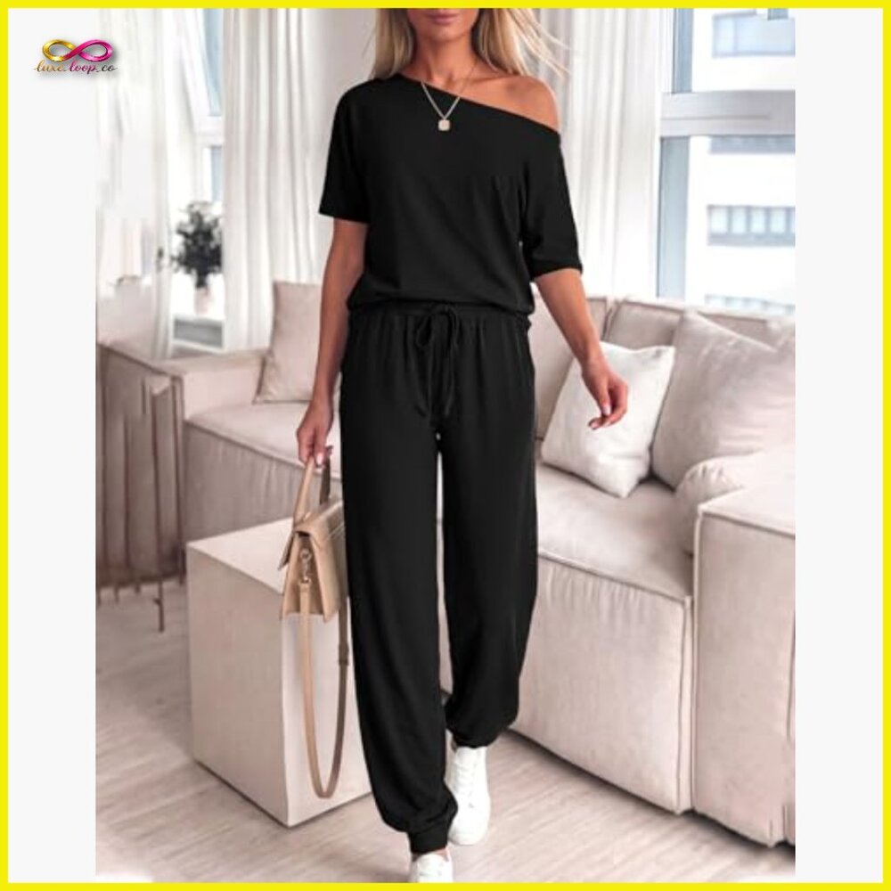 Off Shoulder Tracksuit Set Loose Fit Elastic Waist Drawstring Pants Summer - Picture 5 of 7